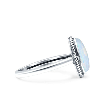 Vintage Style Petite Dainty Lab Created White Opal Ring Solid Oval Oxidized 925 Sterling Silver